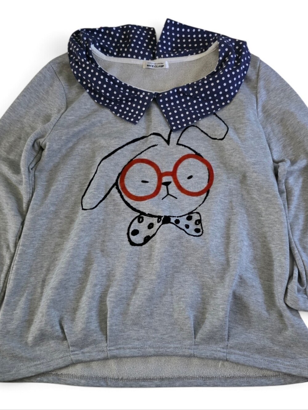 Nice Claup Bunny Rabbit Glasses Peter Pan Collar Sweatshirt Top Grey Medium